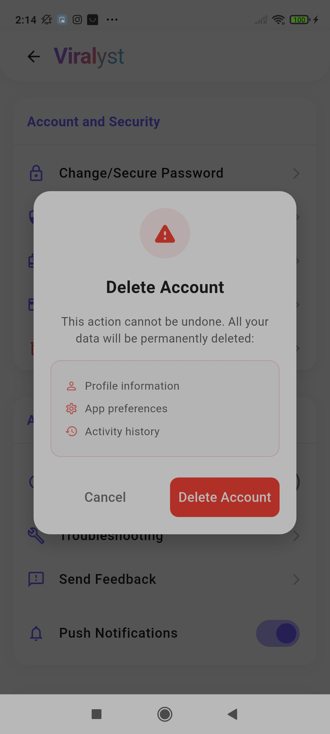 Schermata eliminazione account 2